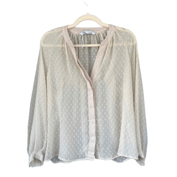 Zara Swiss Dot Blouse Sheer Long Sleeve Top Elegant Neutral Small - Picture 1 of 6